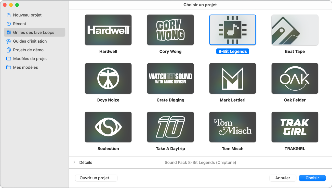 Figure. Sélecteur de projet affichant des grilles de Live Loops.