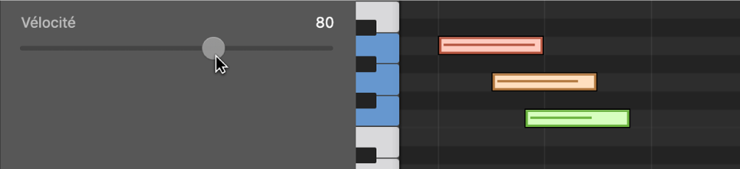 Figure. Changement de la valeur de trois évènements de note à l’aide du curseur Vélocité dans l’en-tête de l’éditeur de partition défilante.