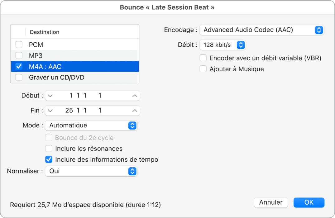 Figure. Options de fichier M4A AAC dans la fenêtre Bounce.