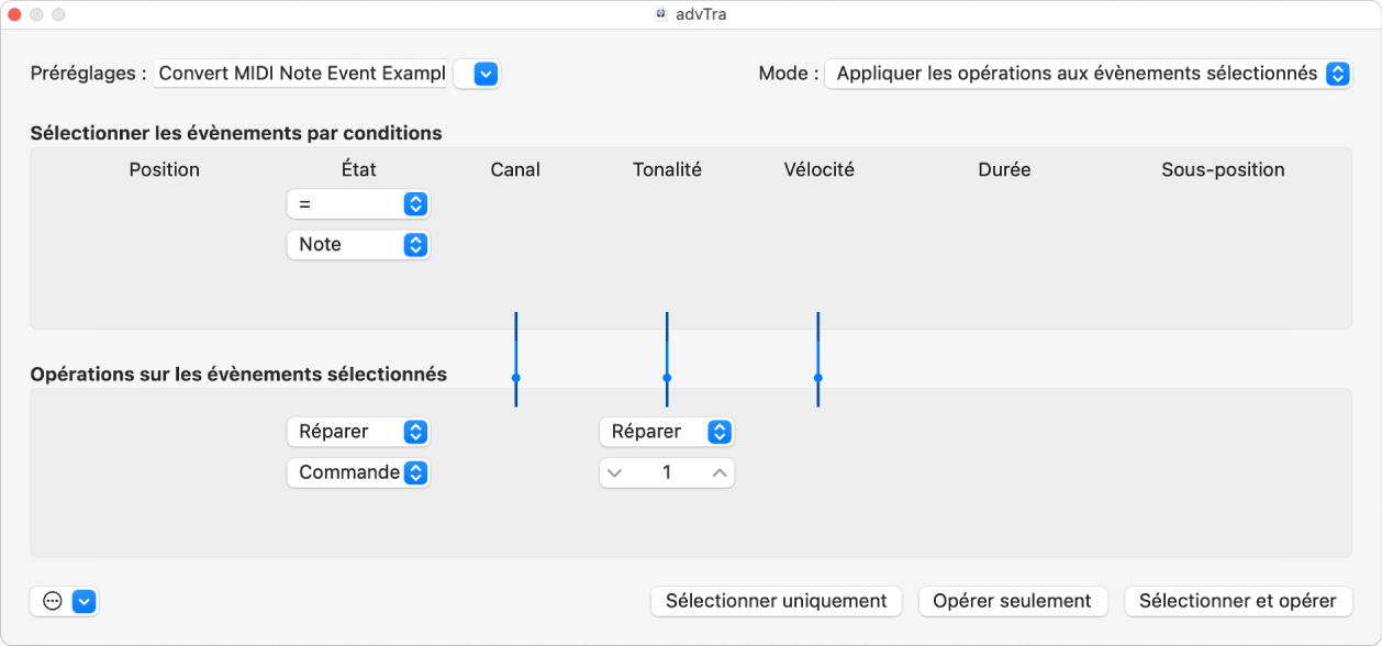 Figure. Fenêtre de transformation affichant des réglages de conversion d’évènements de note MIDI en évènements de contrôleur MIDI 1.