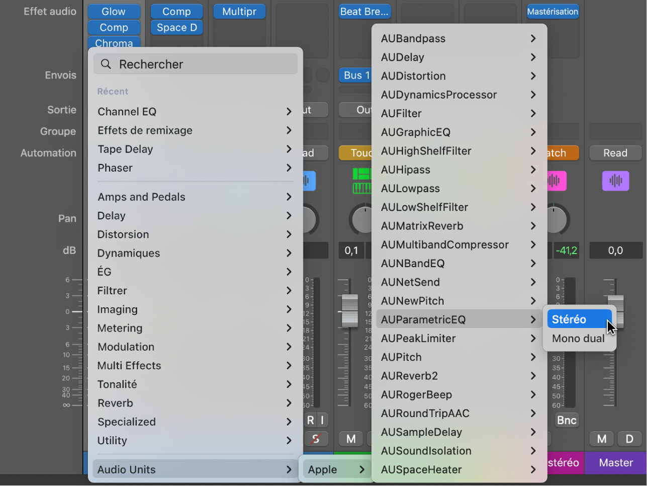 Sous-menu Audio Units du menu Modules.