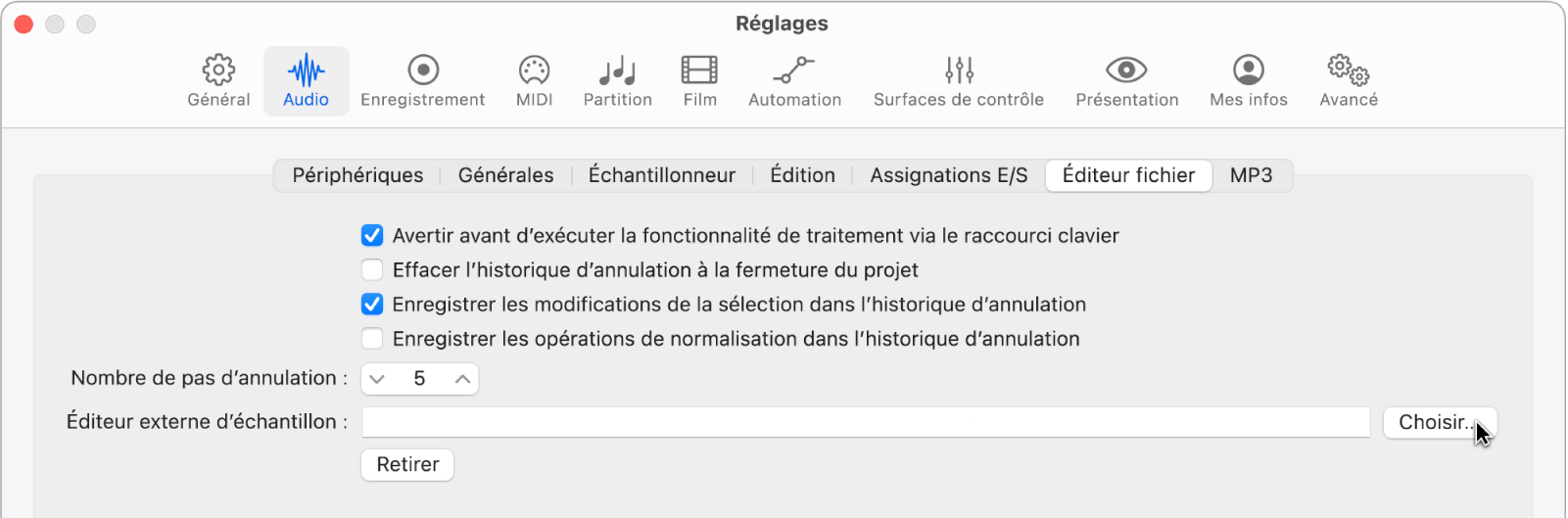 Figure. Sous-fenêtre Éditeur fichier dans les réglages Audio.