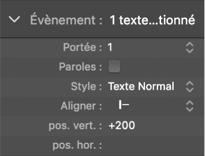 Figure. Paramètres d’objet texte global dans la zone Paramètres d’évènement
