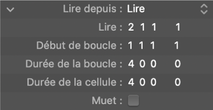 Figure. Paramètres de mise en boucle dans l’inspecteur de cellule.