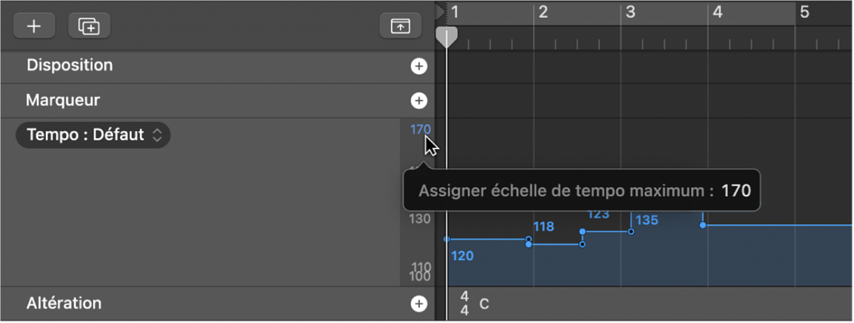 Figure. Glissement des valeurs d’échelle de tempo dans l’affichage du tempo.