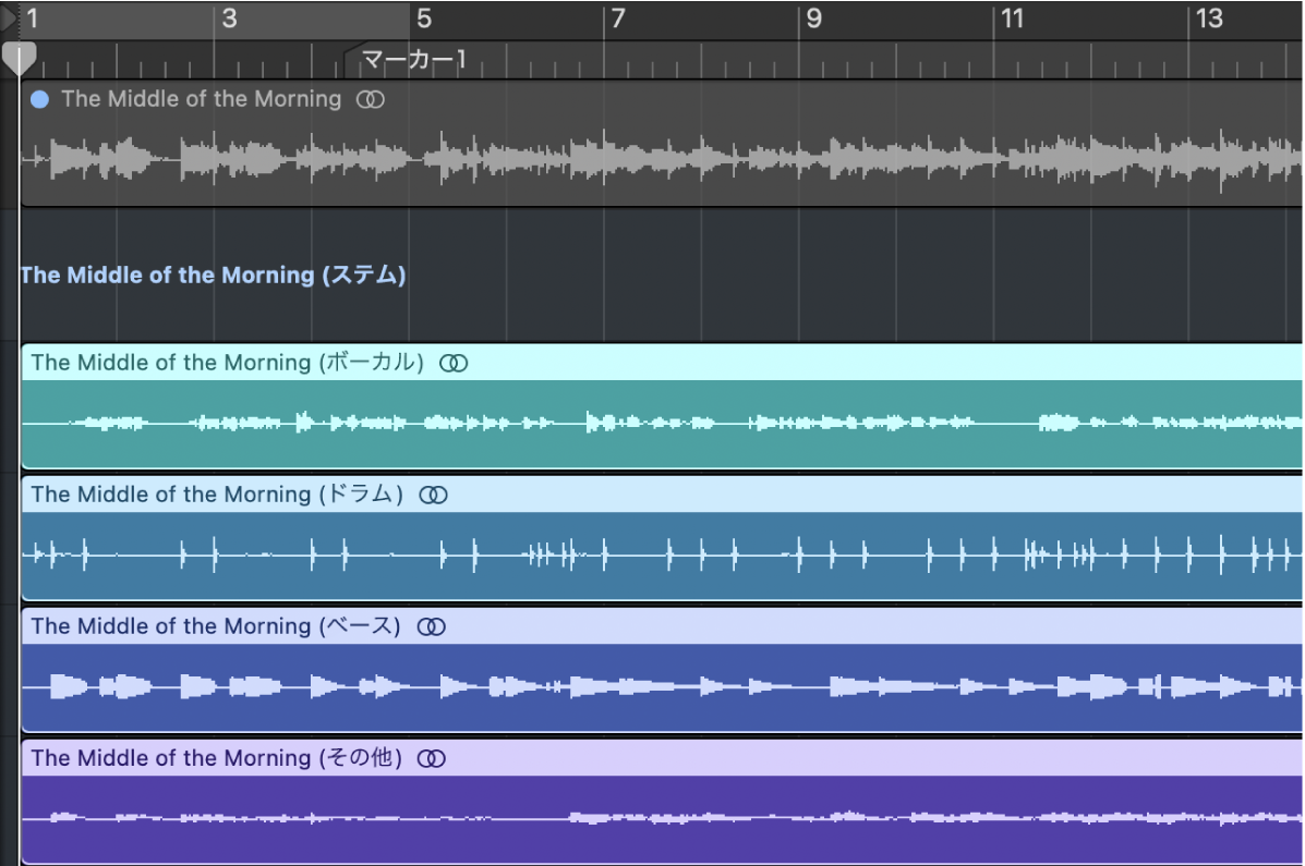 図。Track Stackが表示されたトラック領域。ステムがサブトラックになっています。