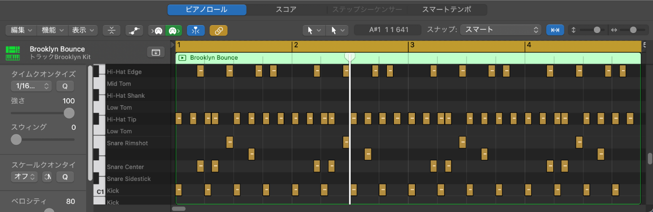 図。ピアノロールウインドウ。キーラベルの名前が表示されています。