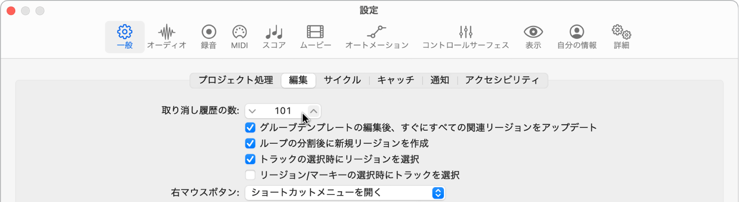 図。「一般」設定の「編集」パネルの「取り消し履歴の数」フィールド。