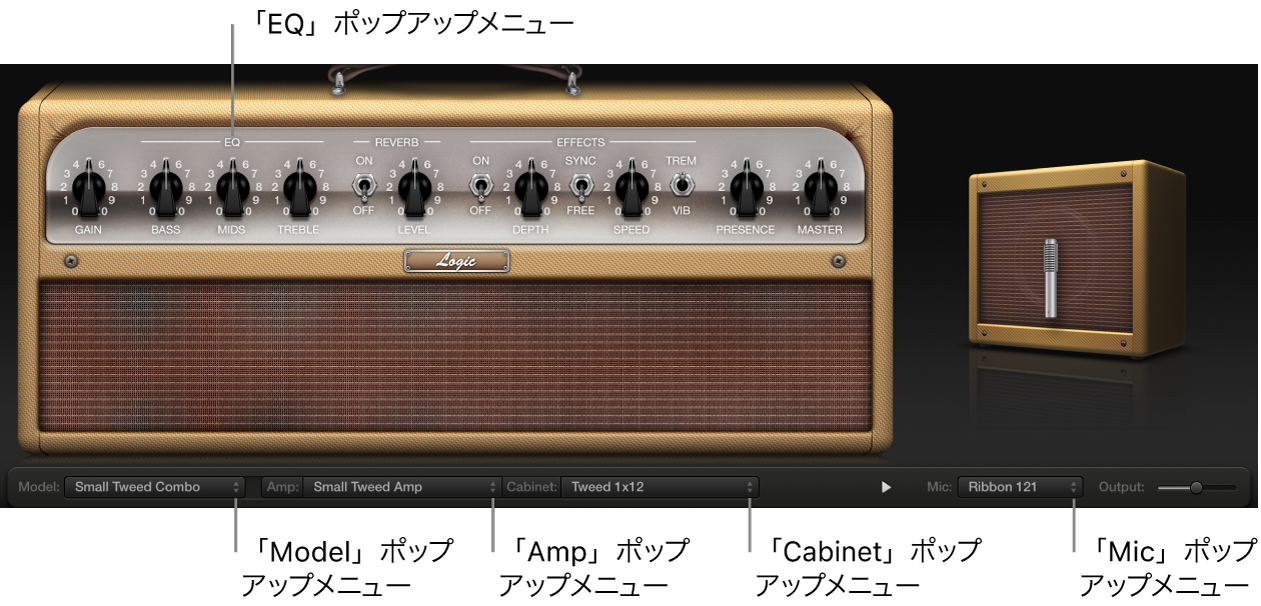 図。Amp Designerウインドウの各ポップアップメニュー。