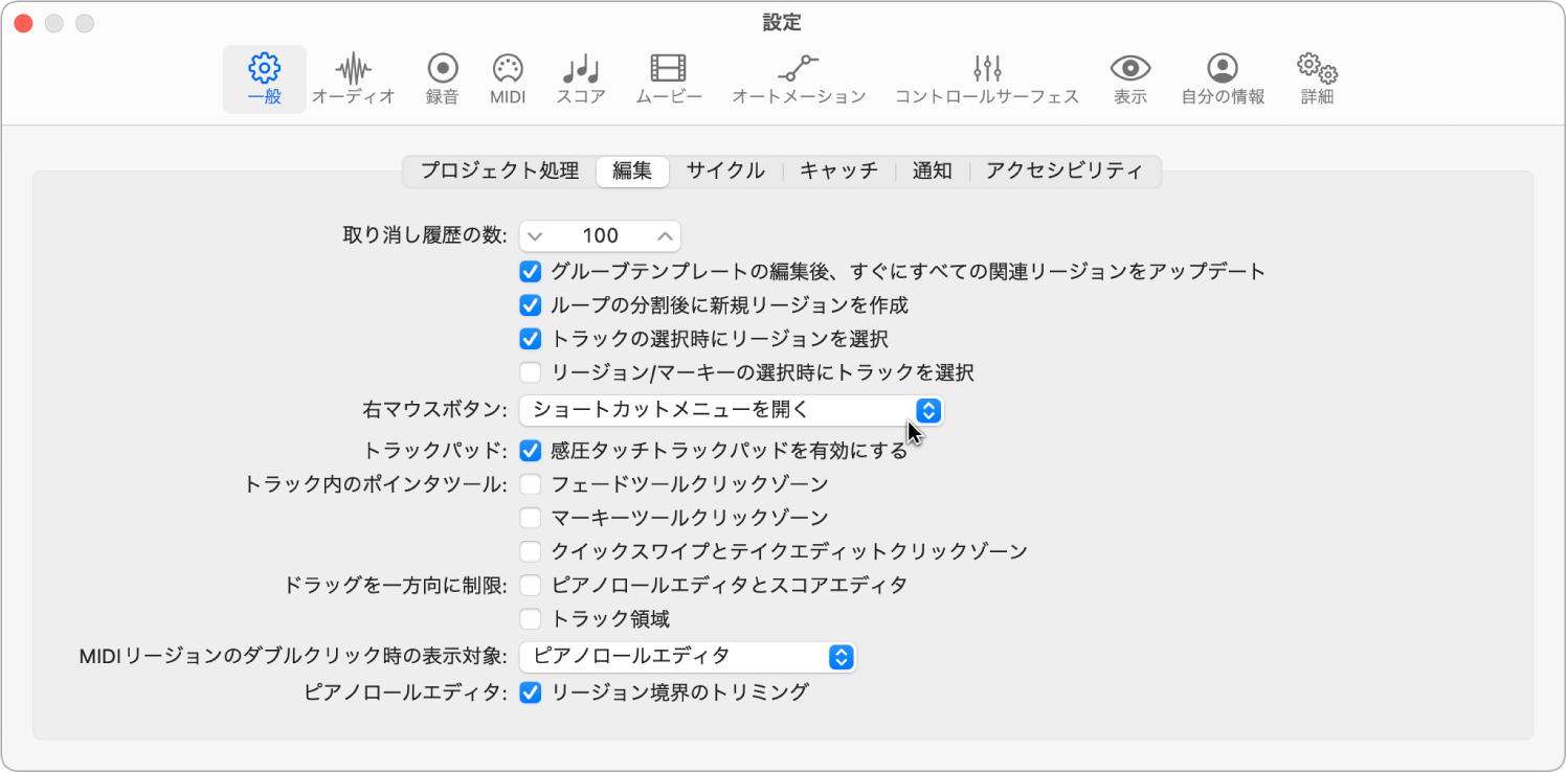 図。「一般」設定の「編集」パネルのポインタツールのチェックボックス。