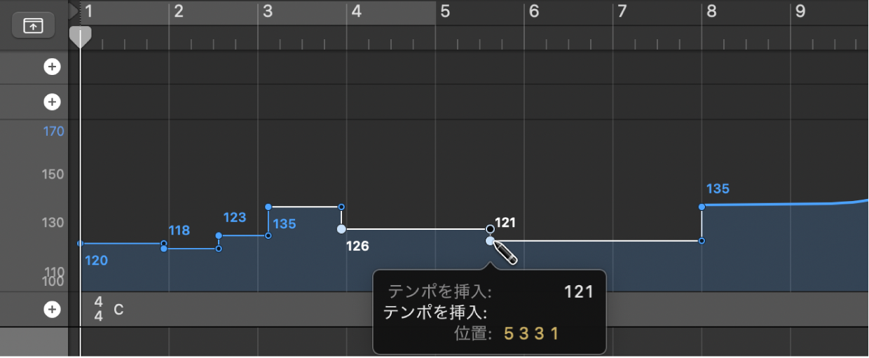 図。鉛筆ツールを使ってテンポチェンジイベントを挿入中。