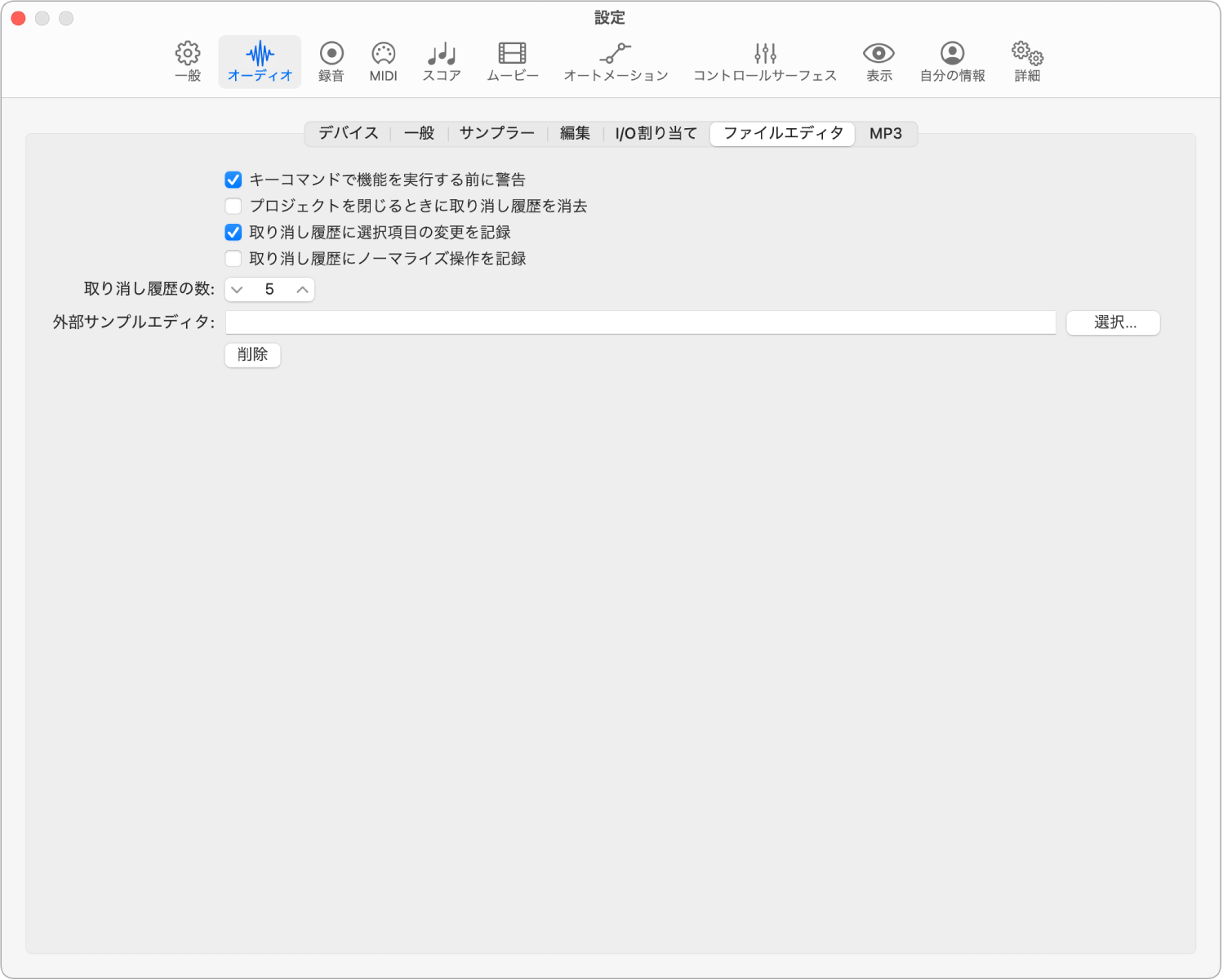 図。「オーディオファイルエディタ」設定。