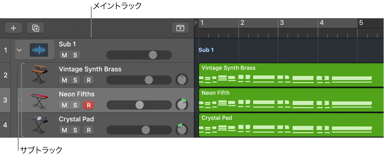 図。メイントラックとサブトラックが表示されたフォルダスタック。