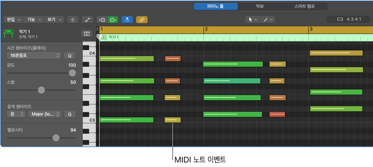 그림. 피아노 롤 편집기, MIDI 노트 이벤트를 가리킴.