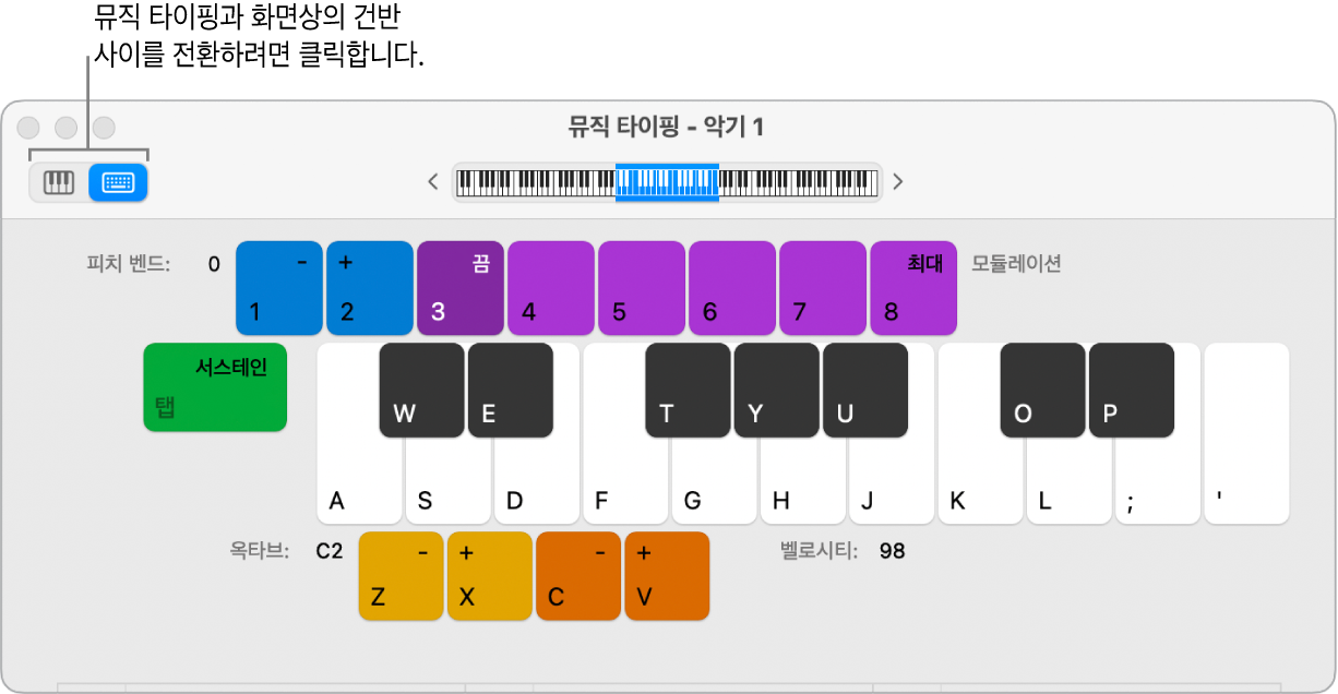 그림. 왼쪽 상단 영역에 뮤직 타이핑 및 화면상의 키보드 간에 전환하는 데 사용되는 두 개의 버튼이 있는 뮤직 타이핑 윈도우.