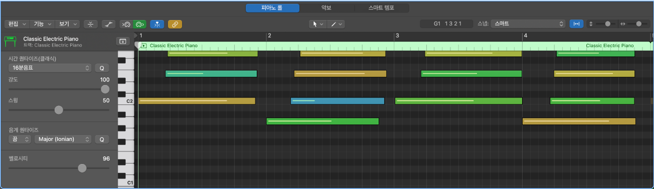 그림. 노트 이벤트가 있는 MIDI 리전이 표시된 피아노 롤 편집기.