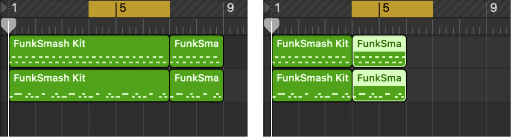 그림. 트랙 영역에서 로케이터 사이에 있는 섹션 오려두기 명령을 보여주는 이미지 한 쌍.