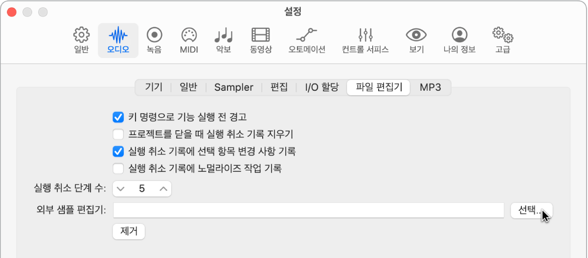그림. 오디오 설정의 파일 편집기 패널.