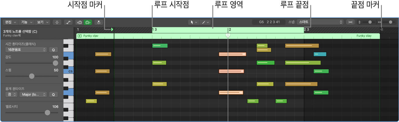 그림. 셀 편집기에 열려 있는 MIDI 셀이 보임.