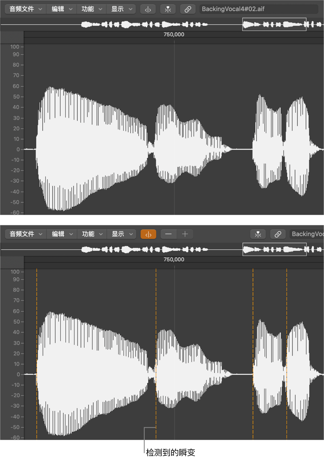 图。采样编辑器中不含瞬变和包含瞬变的音频片段。