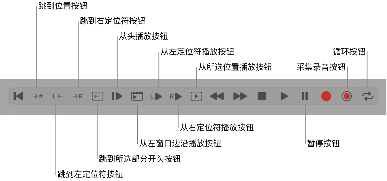 图。显示所有附加按钮的走带控制按钮。