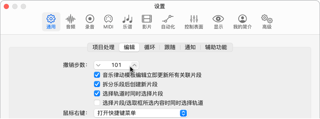 图。“通用”设置的“编辑”面板中的“撤销步数”栏。