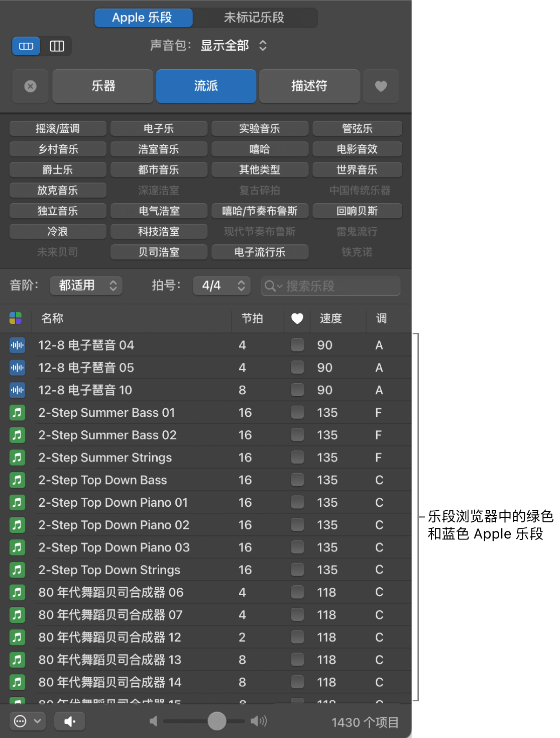 显示 MIDI（绿色）和音频（蓝色）Apple 乐段的乐段浏览器。