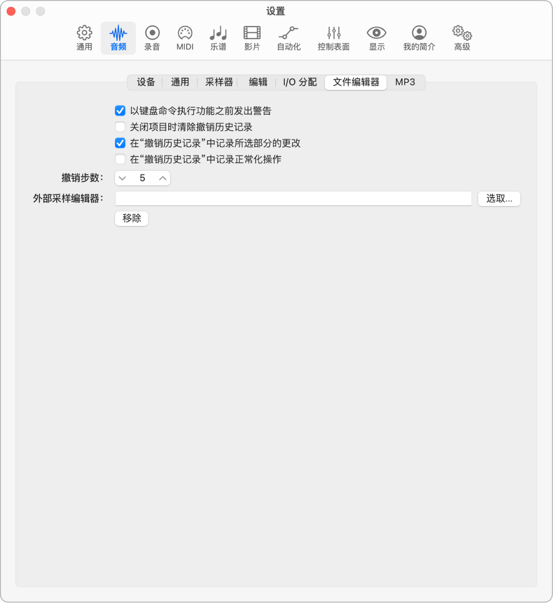 图。“音频文件编辑器”设置。