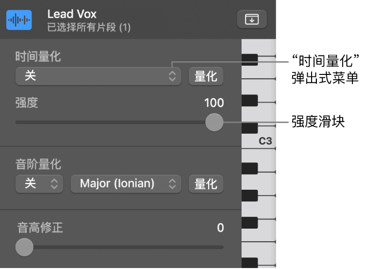 图。“时间量化”弹出式菜单和“强度”滑块。