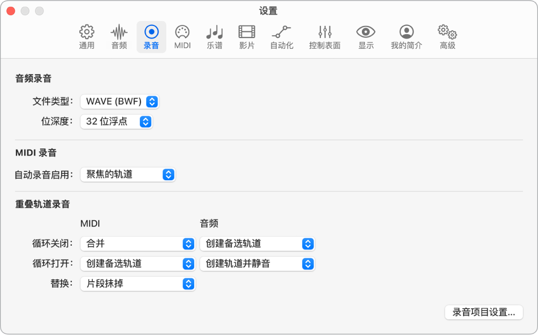 图。“录音”设置。