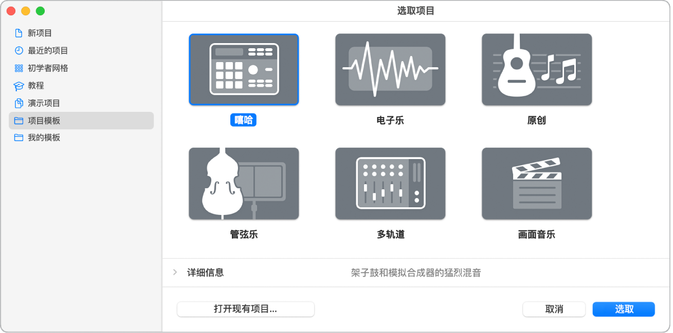 图。带有选定的“嘻哈”项目模板的项目选取器。