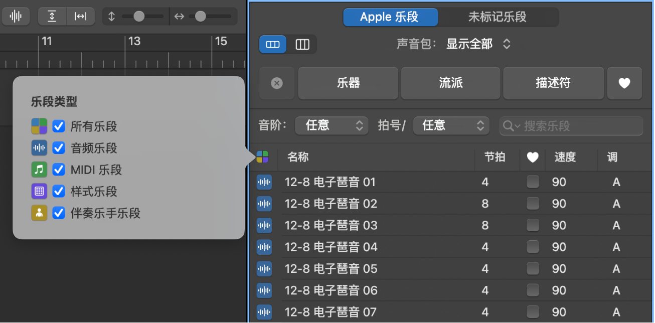 乐段浏览器显示“乐段类型”按钮和选项。