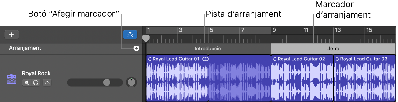 Pista d’arranjament, amb el botó “Afegir marcador” i el passatge Arranjament.