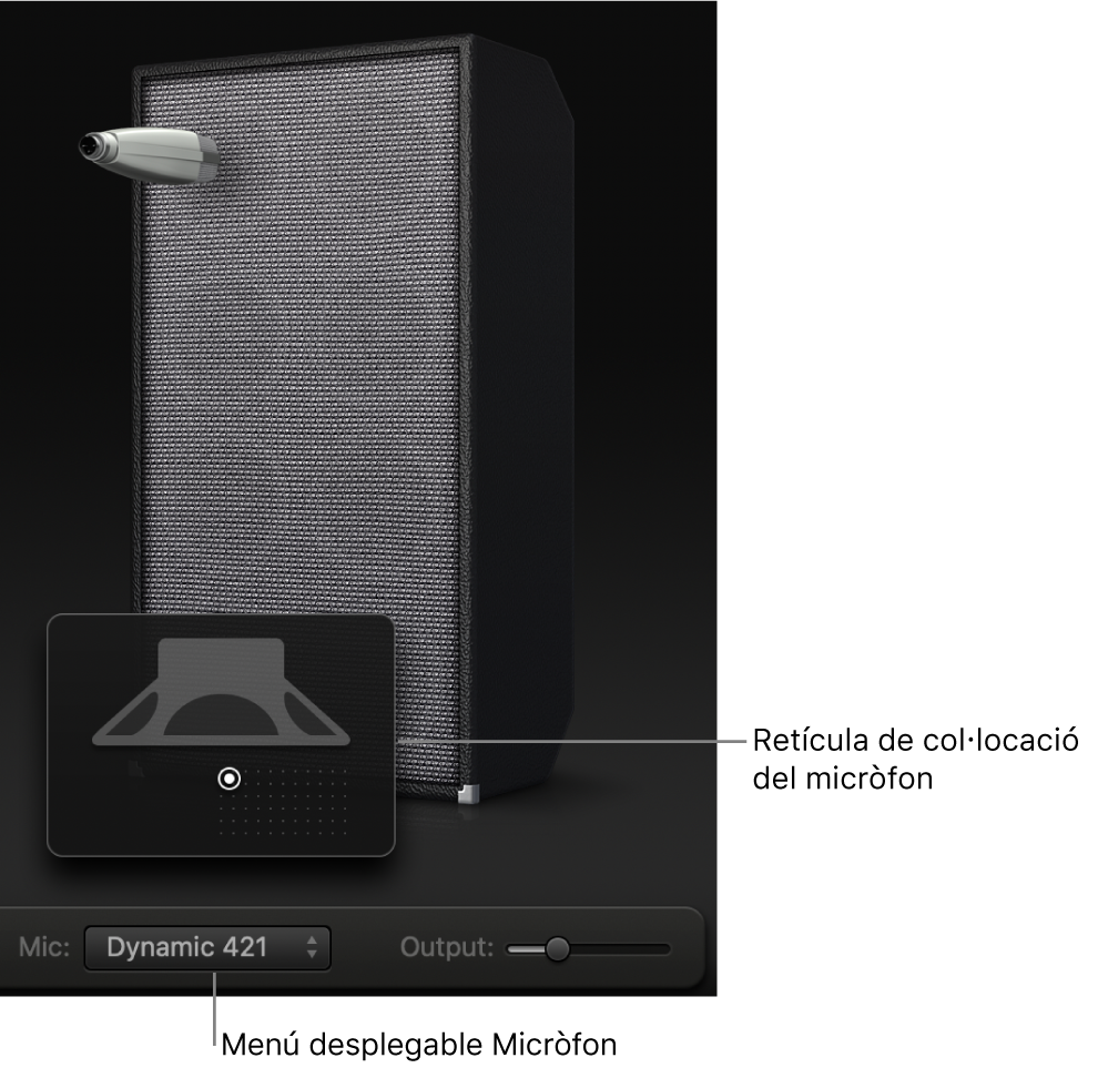 Àrea de caixa del Bass Amp Designer on es mostra el menú Mic i la retícula de posicionament del micròfon.