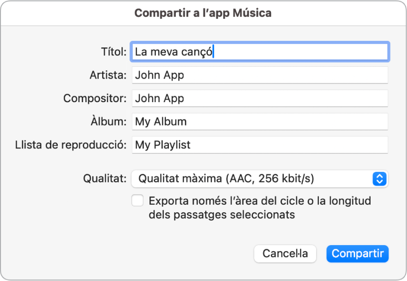 Quadre de diàleg “Compartir amb l’app Música”.