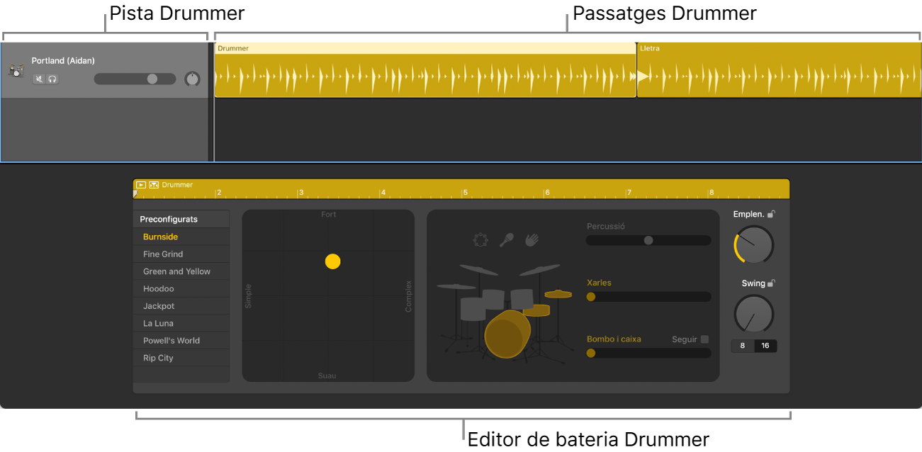 Una pista Drummer i l’editor Drummer.