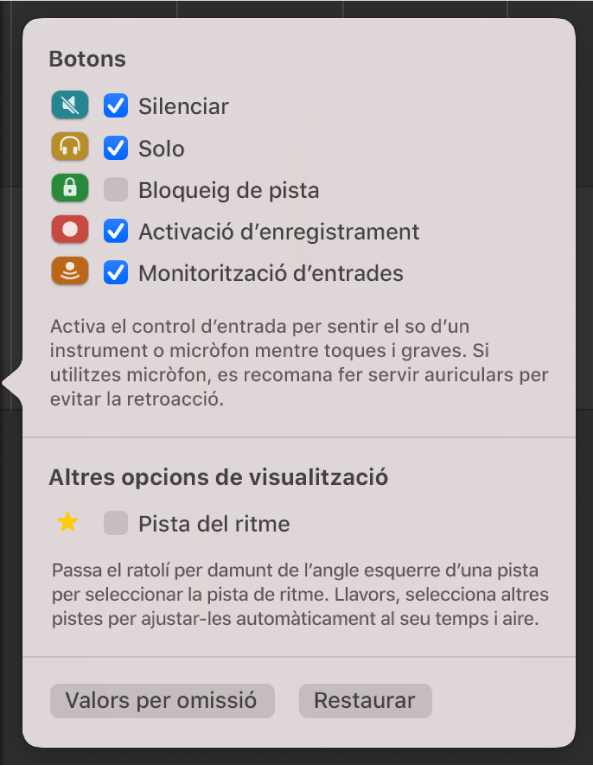 Quadre de diàleg de la configuració de capçalera de pista.