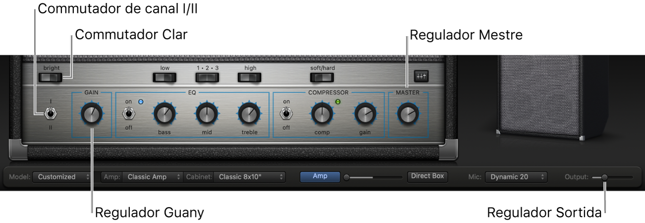 Controls de Bass Amp Designer, incloent-hi el selector Bright (Brillantor), el regulador Gain (Guany), els selectors Channel I i II i el regulador Master (Mestre).