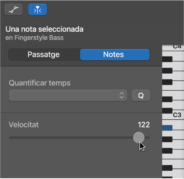 Edició de la velocitat de les notes a l’editor de teclat.