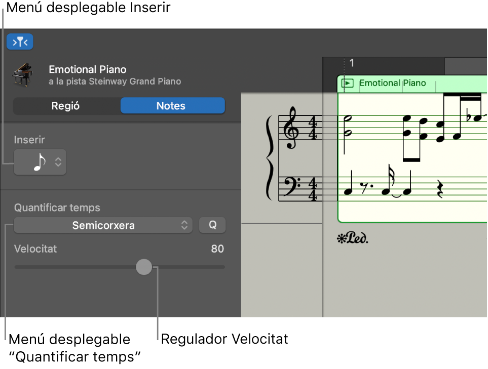 L’inspector de l’editor de partitura, en mode Notes, i els controls.