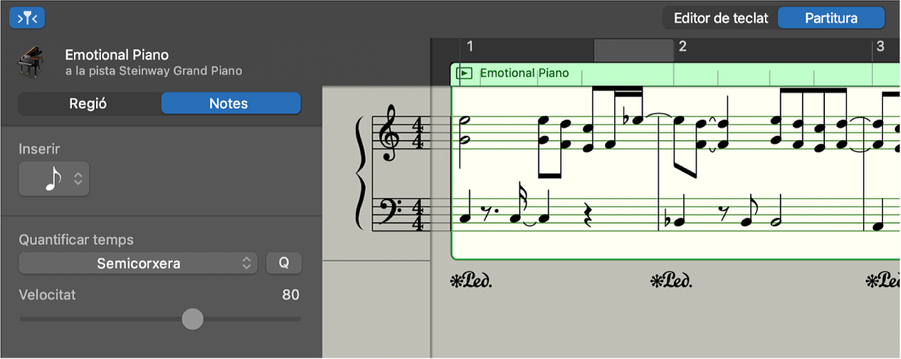 L’editor de partitura, que mostra la notació.