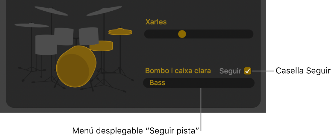 L’editor Drummer, amb la casella Seguir i el menú desplegable “Seguir pista”.