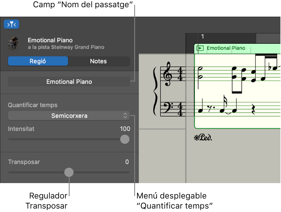 L’inspector de l’editor de partitura, en mode Passatge, i els controls.
