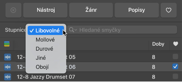 Otevřená místní nabídka Stupnice v prohlížeči smyček