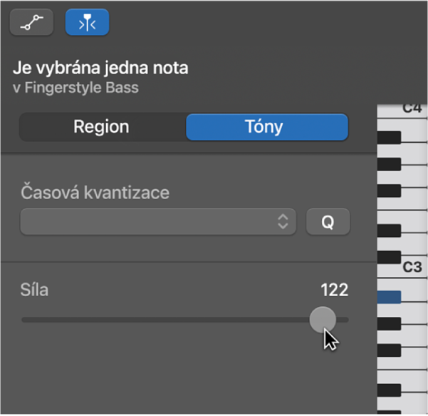 Úprava rychlosti stisku u tónu v editoru pianolového pásu