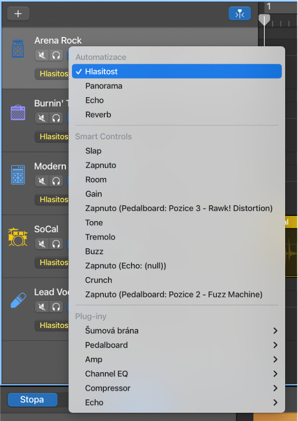Obrázek otevřené místní nabídky Parametr automatizace.