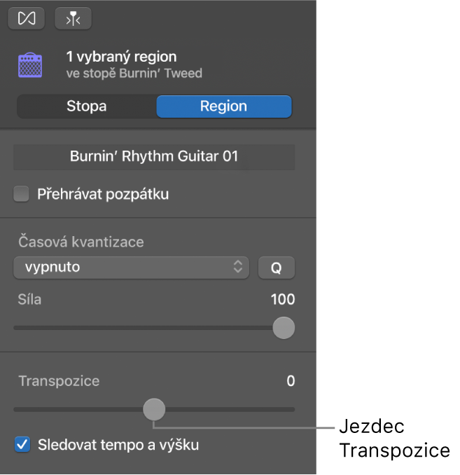 Inspektor Editor zvuku v režimu Region se zobrazeným jezdcem Transpozice