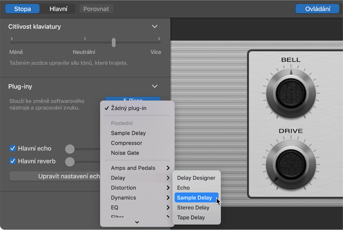 Zvolení efektového plug‑inu z nabídky zkratek Plug-in.