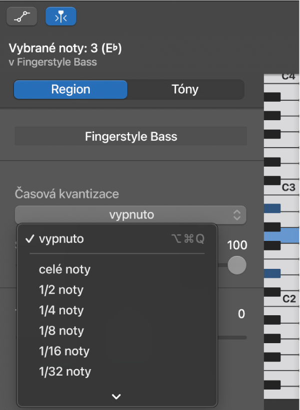 Výběr hodnoty v místní nabídce Časová kvantizace v inspektoru Editor pianolového pásu