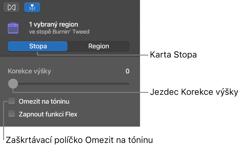 Inspektor Editor zvuku v režimu Stopa se zobrazeným jezdcem Korekce výšky a zaškrtávacím políčkem Omezit na tóninu